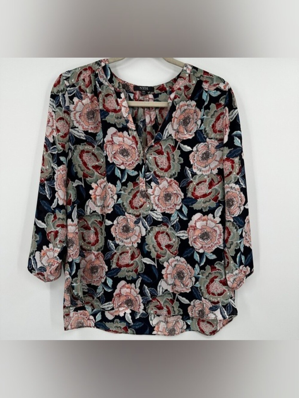 NYDJ Womens Floral Print V‎ Neck 3/4 Sleeve Blouse Top Size PM
